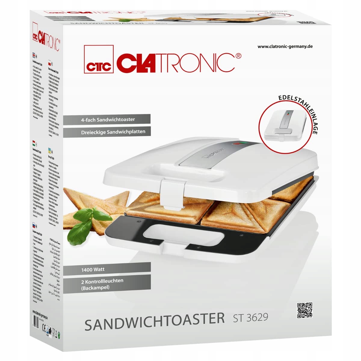 Clatronic ST 3629 opiekacz do kanapek, toster elektryczny do kanapek 1200W — miniatura 7