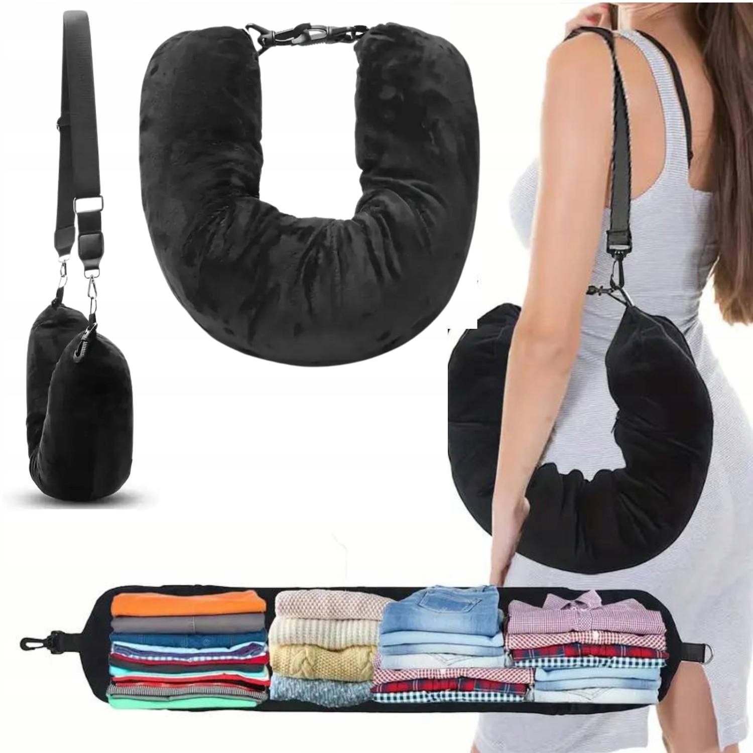 Rogal podróżny do samolotu na bagaż podręczny, welurowa poduszka na ubrania