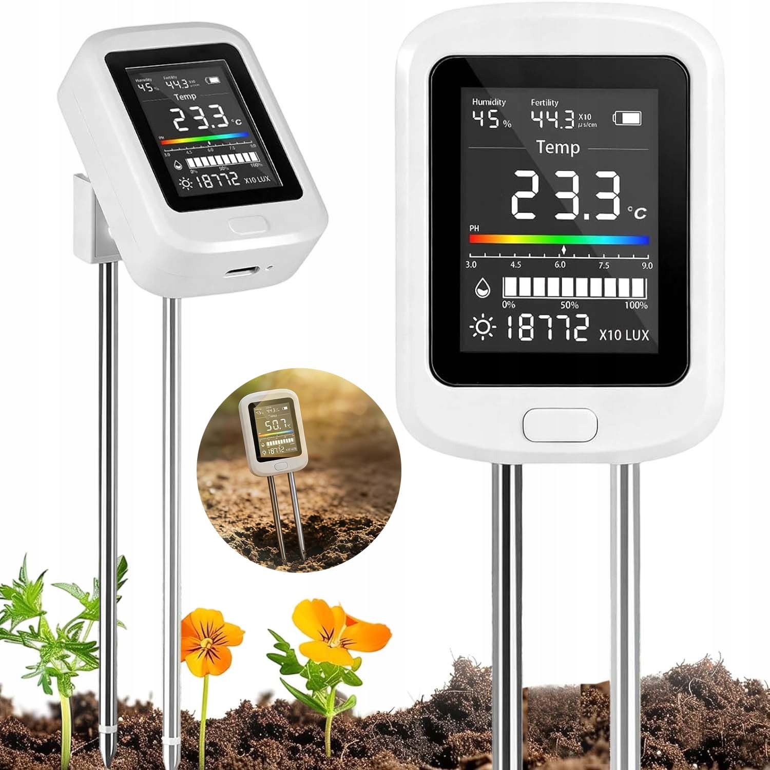 Měřič Ph Půdy Tester Vlhkosti Kyselinoměr 6V1 Zahradnický Pro Rostliny Lux