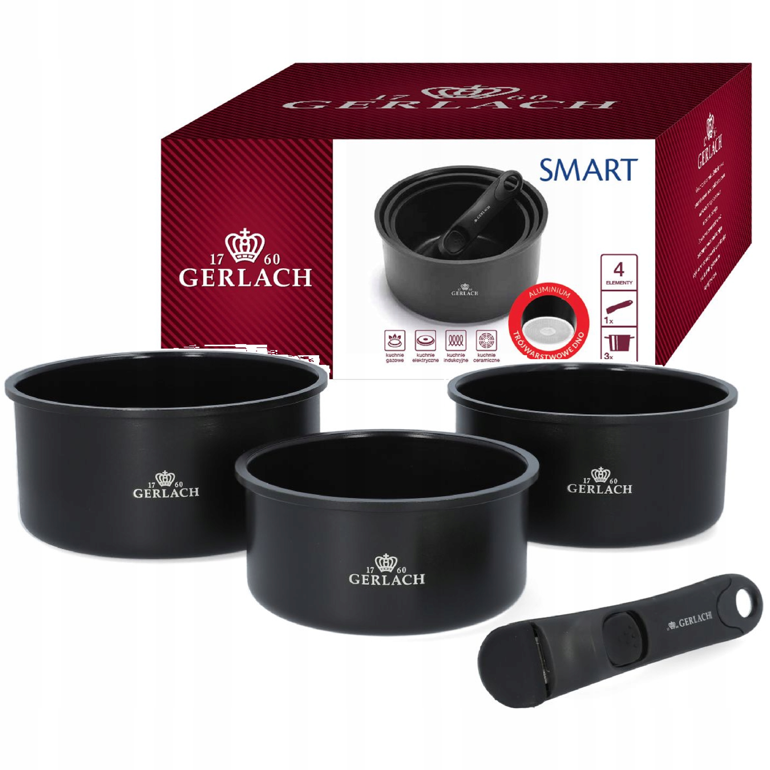 Sada hrnců Gerlach 16/18/20 cm Smart indukce 3 hrnce odnímatelná rukojeť