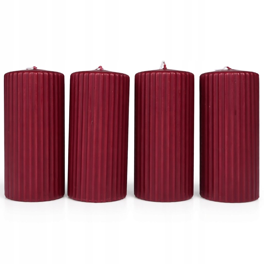 Świece ozdobne walec ryflowane bordowe 4-pak, 11 cm, Ø 5,7 cm