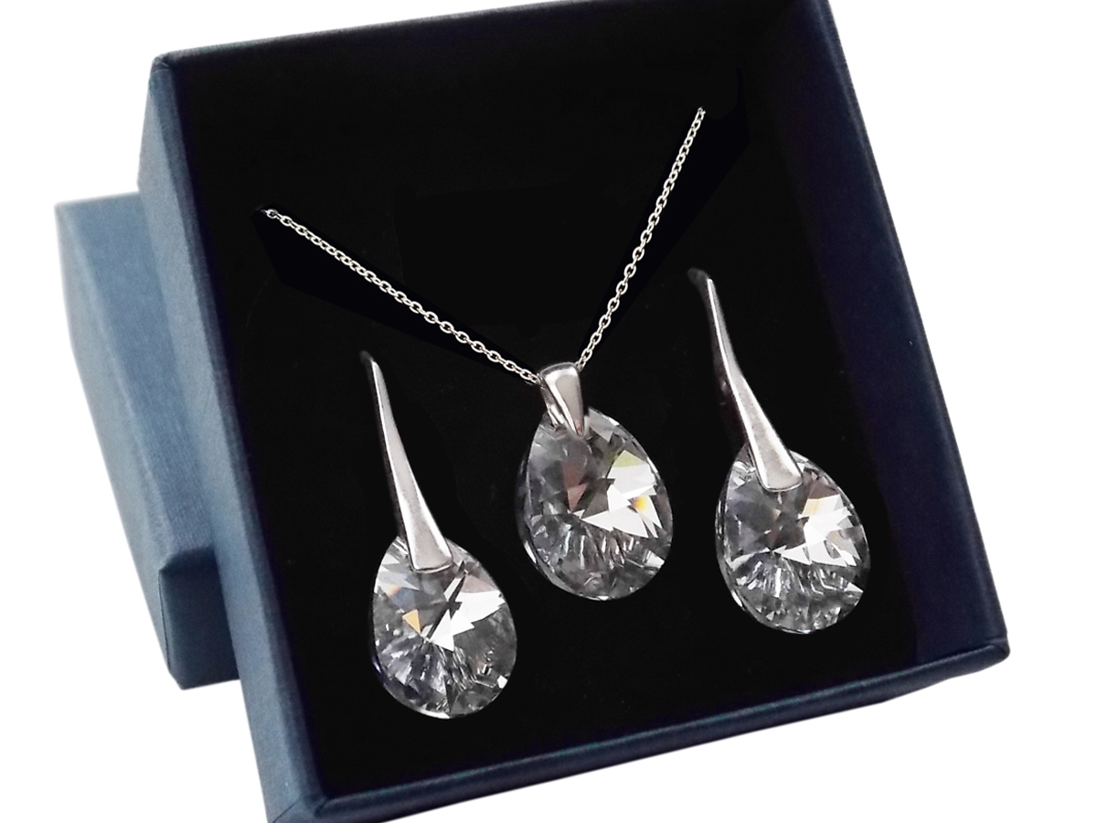KOMPLET BIŻUTERII SWAROVSKI MIGDAŁ 12mm SREBRO 925 CRYSTAL CAL