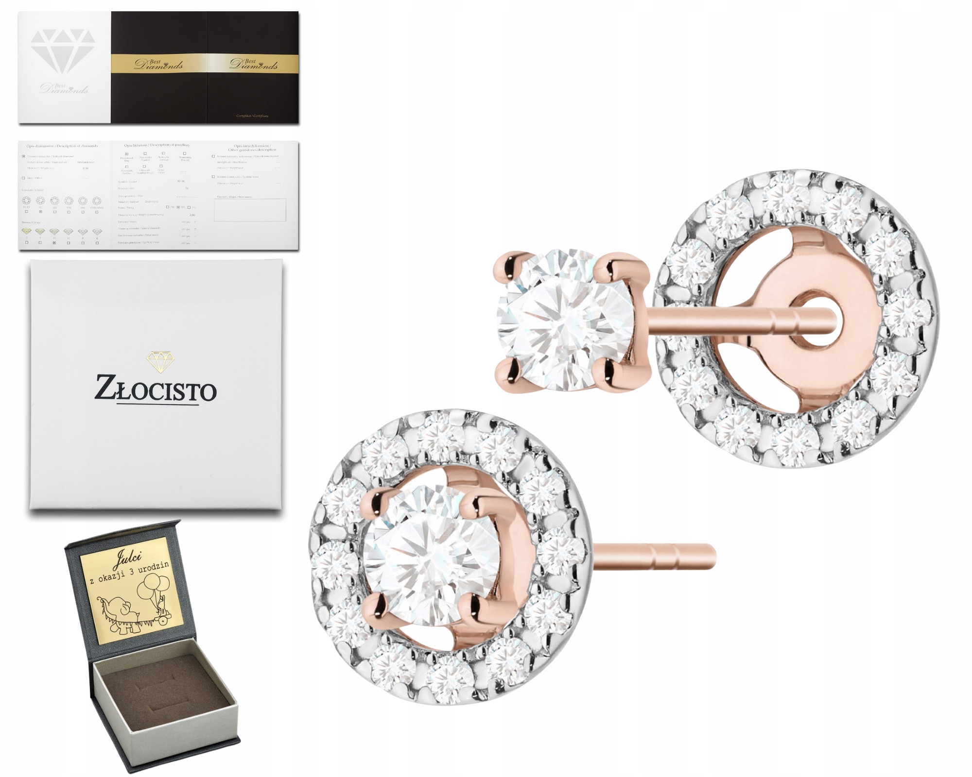 Růžové Zlato Náušnice Talířky Diamanty Tyčinky Vruty Zlato 585 Dárek