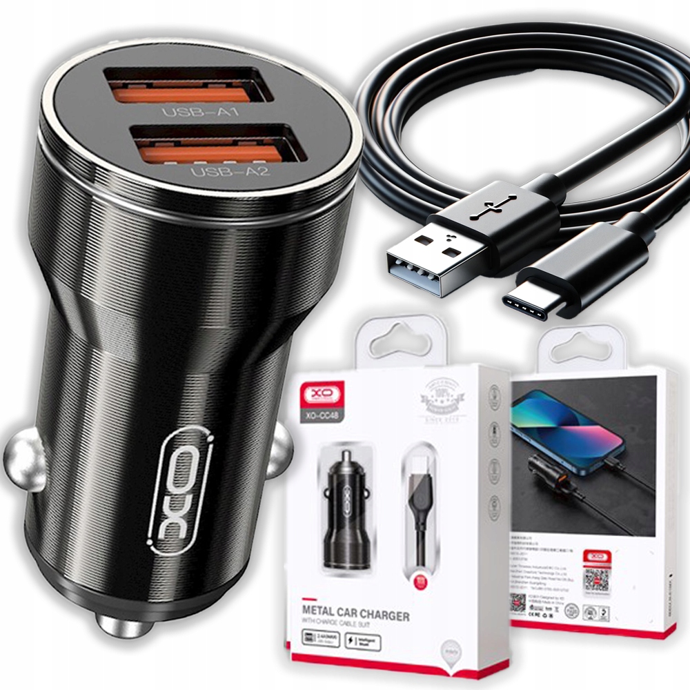 ŁADOWARKA SAMOCHODOWA XO CC48 2xUSB 2,4A CZARNA + KABEL USB-C 100CM SZYBKA Kolor czarny