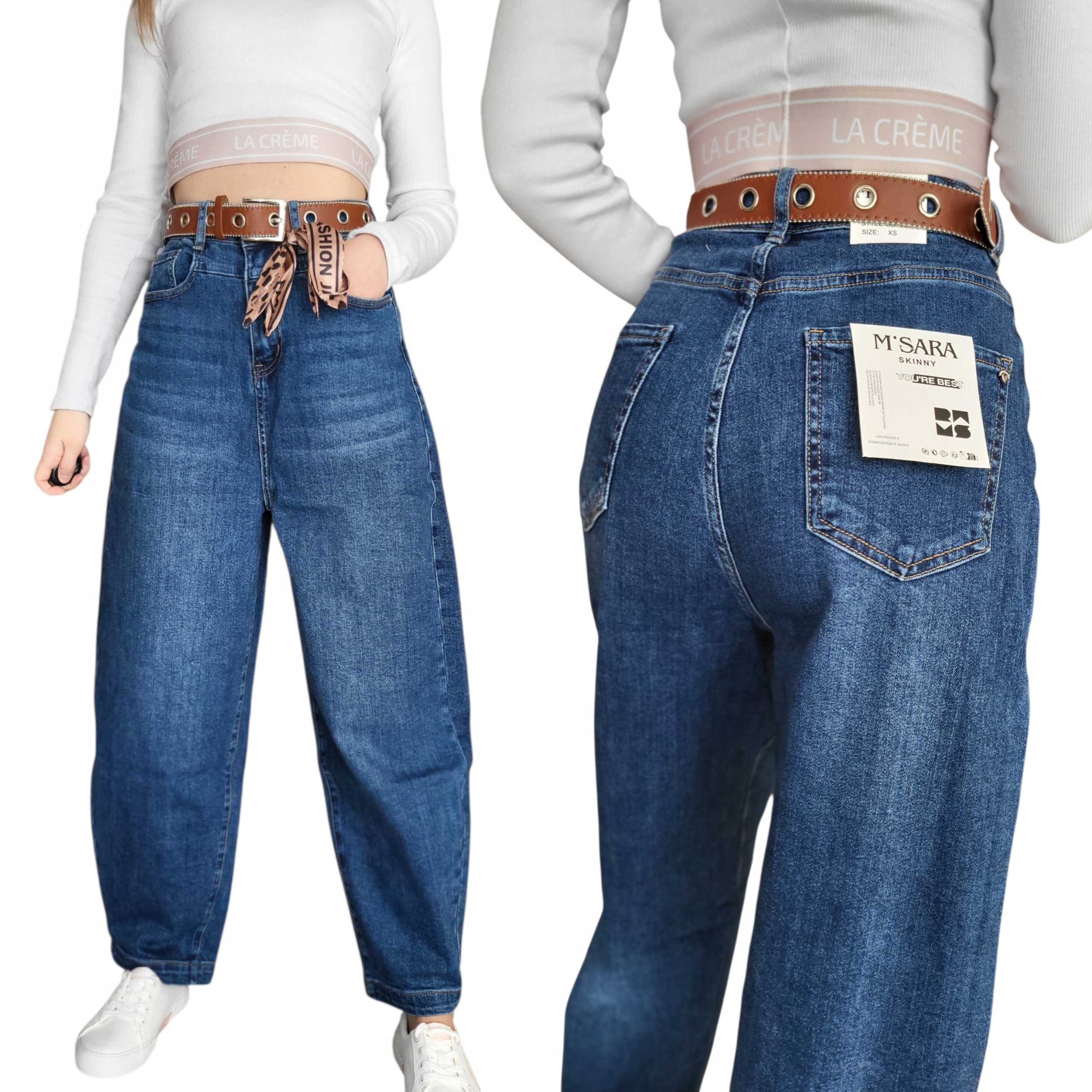 M.sara jeansy spodnie damskie Balloon wysoki stan szerokie nogawki S/36