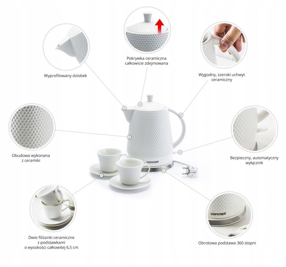 Czajnik elektryczny ceramiczny Concept RK0040 1,5l + 2 filiżanki + 2 spodki Pojemność 1.5 l