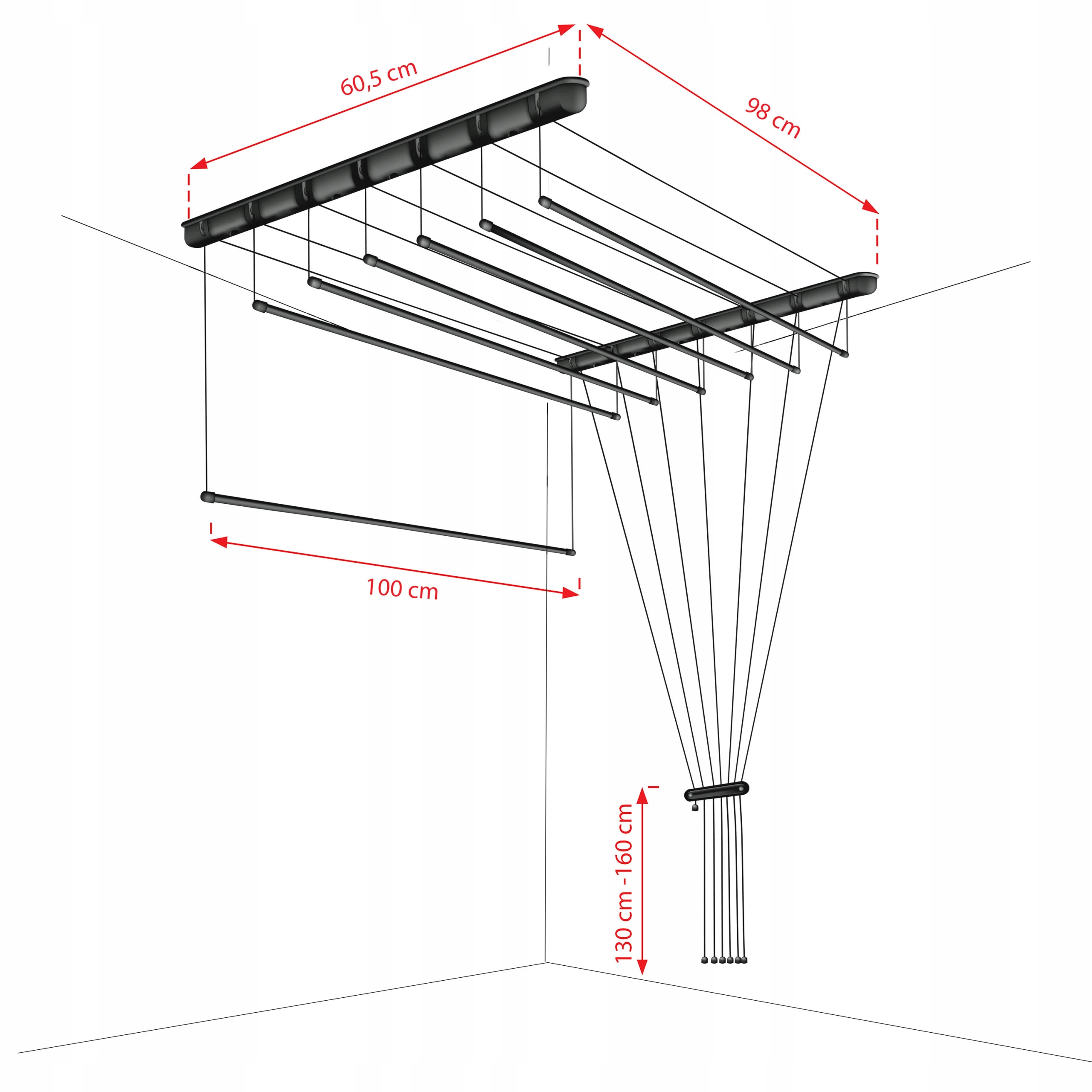 SUSZARKA ŁAZIENKOWA SUFITOWA NA PRANIE SOLIDNA CZARNA 7 PRĘTÓW 100 cm Model 7x100