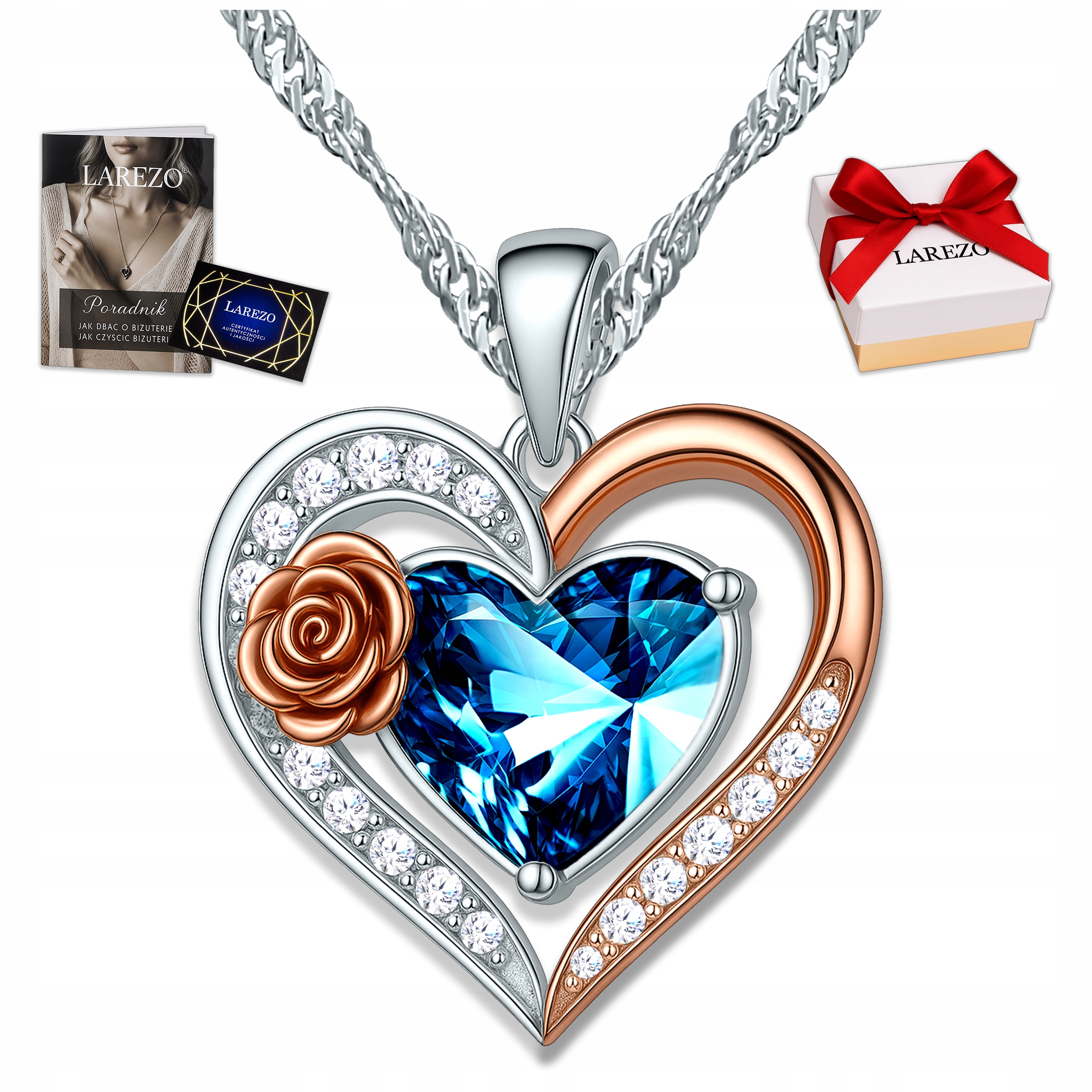 Stříbrný náhrdelník 925 Křišťálové modré srdce Srdíčko s květem růže