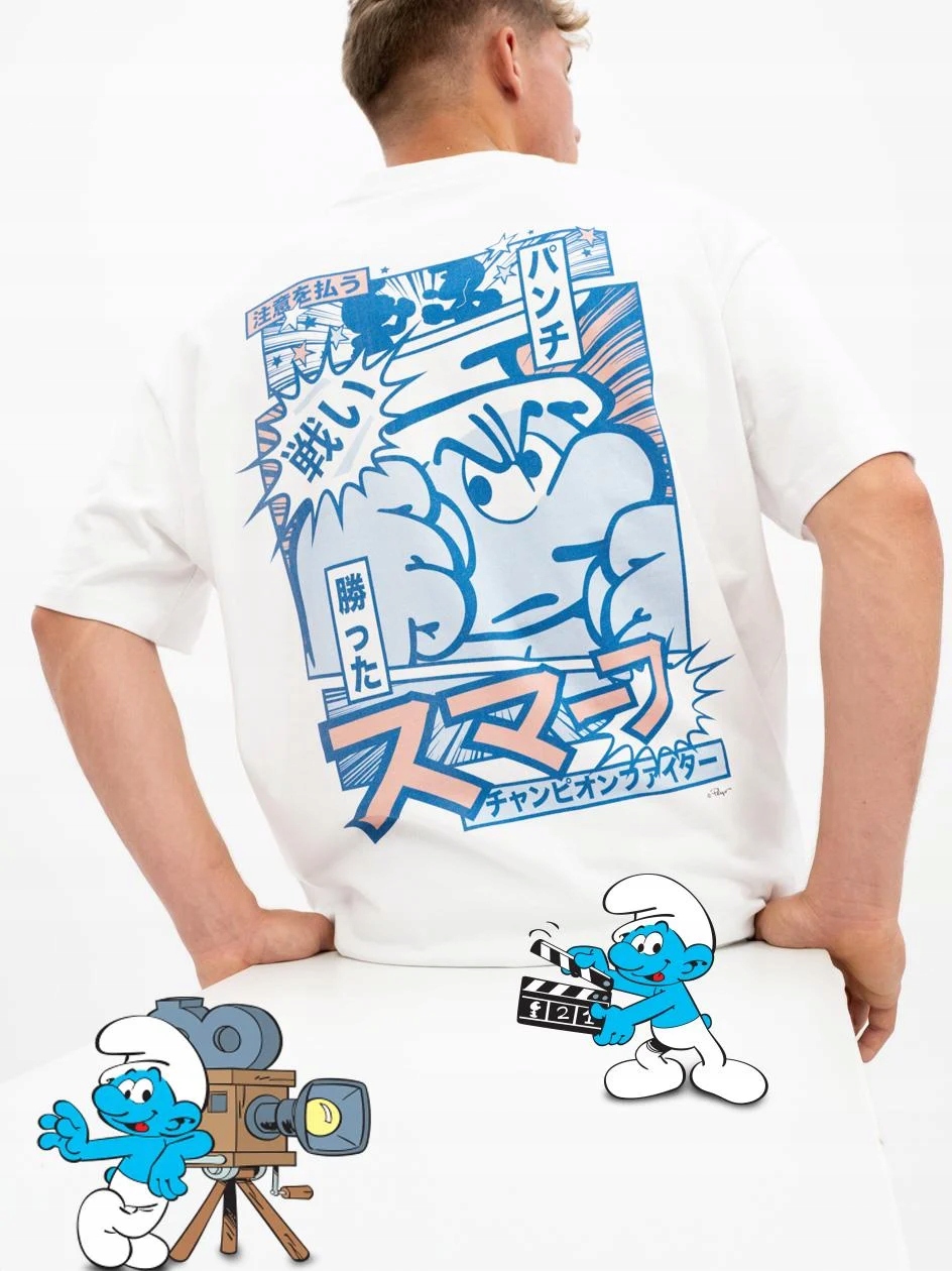 Pánské Tričko Široké Tričko Oversize Pánské Bílé Šmoulové Japan M