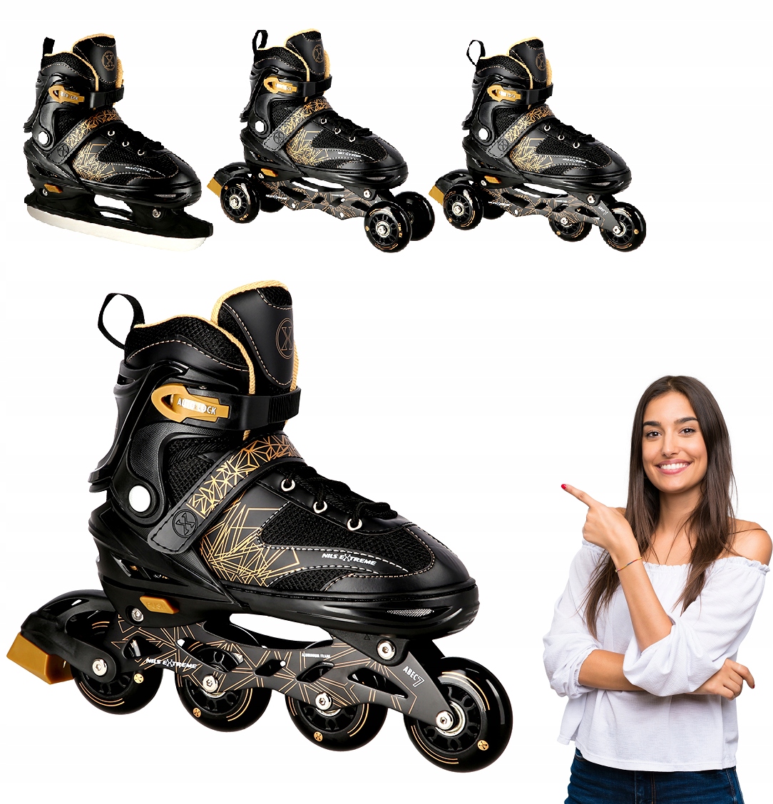 

Damskie Regulowane Rolki Łyżwy 4W1 34-38 Złote