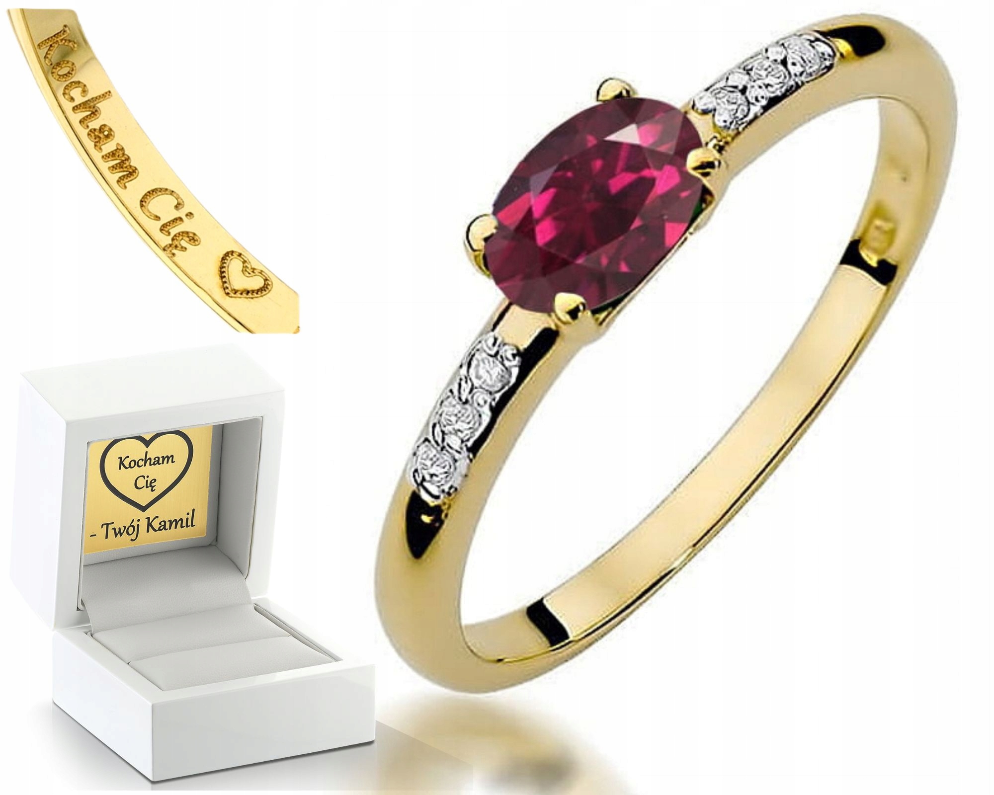 Zlatý Prstýnek Prsten S Rhodolitem A Diamanty, Gravírování Bonus 585