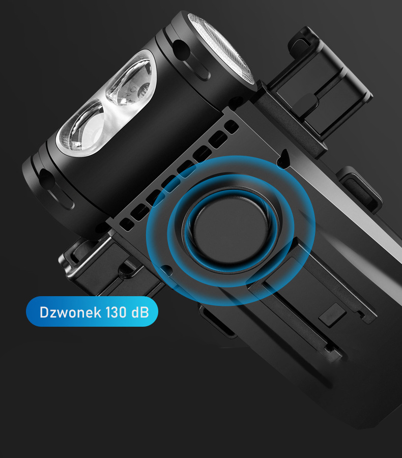 LAMPKA ROWEROWA Z UCHWYTEM NA TELEFON KIEROWNICE POWERBANK KLAKSON PRZÓD Model 4w1