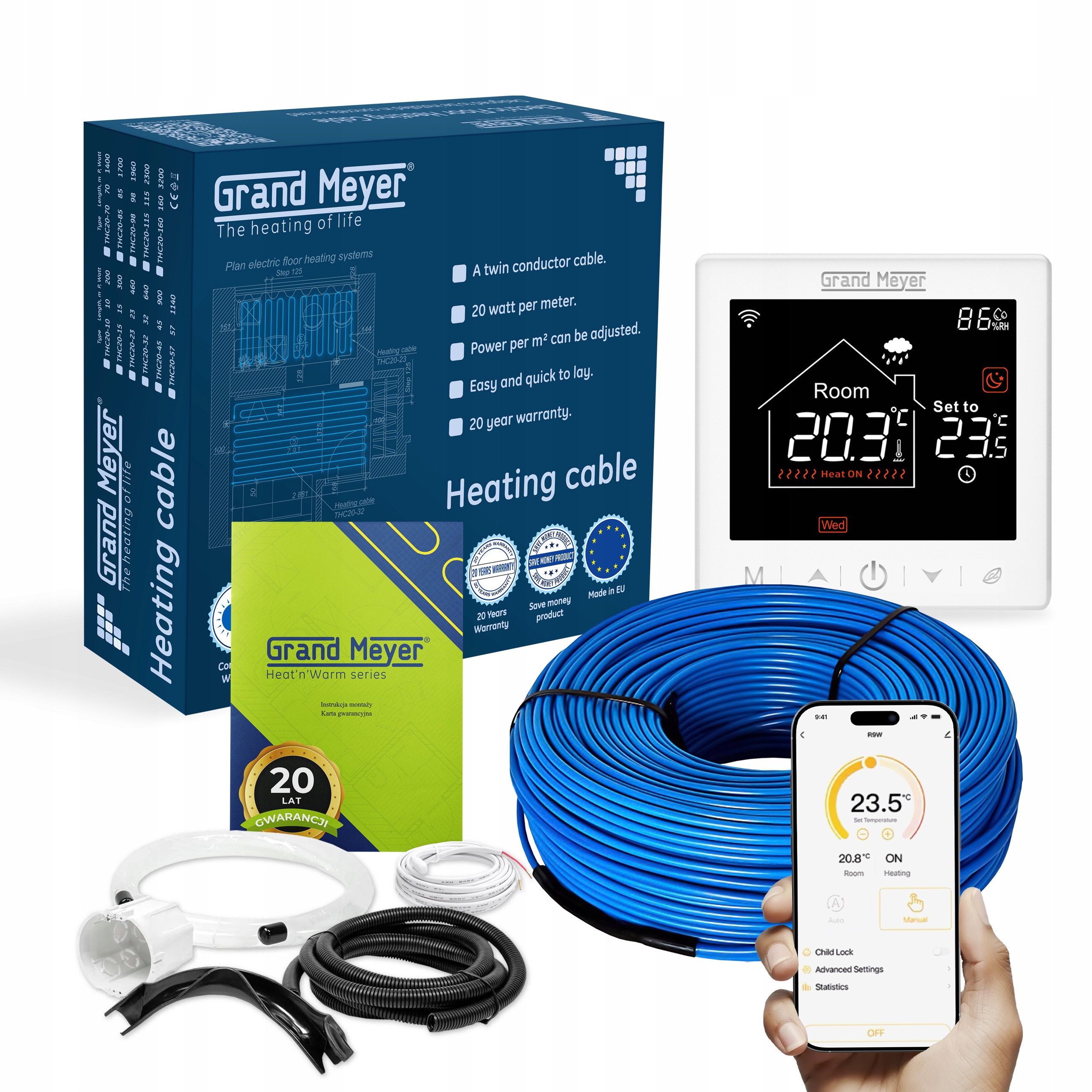 Przewód grzejny 20W/m 57m ogrzewania podłogowego pod płytki z SN-10 Wi-Fi