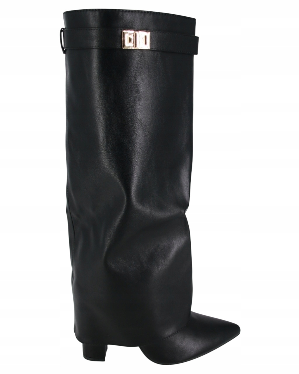 Kozačky Na Podpatku 9,5 CM S Vyhrnutým Svrškem, Černá Eko Kůže, Zateplené, Velikost 36