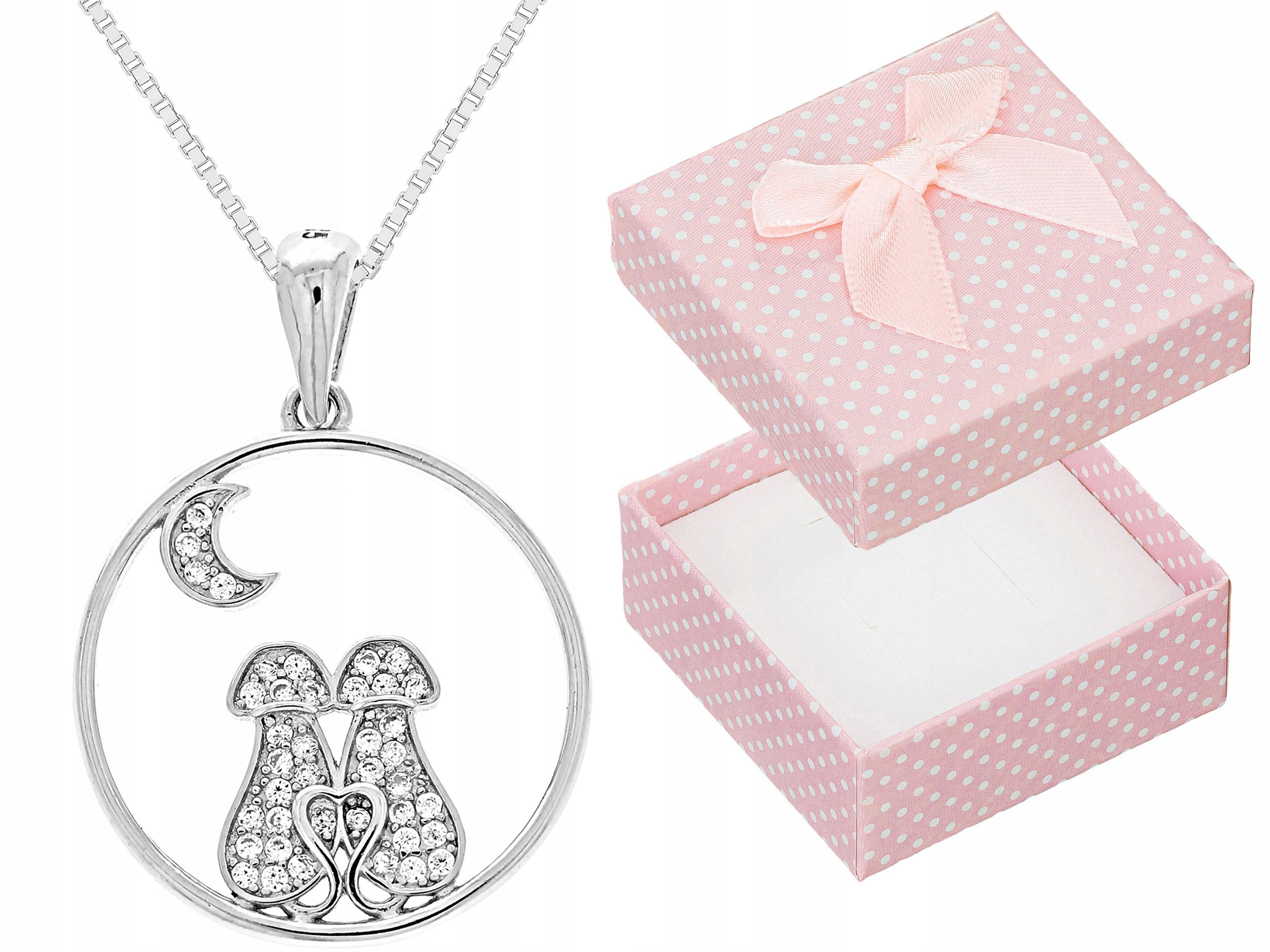 Dlouhý Stříbrný Dámský Náhrdelník Kočky s Zirkony Kočky Měsíc Stříbro 65 cm