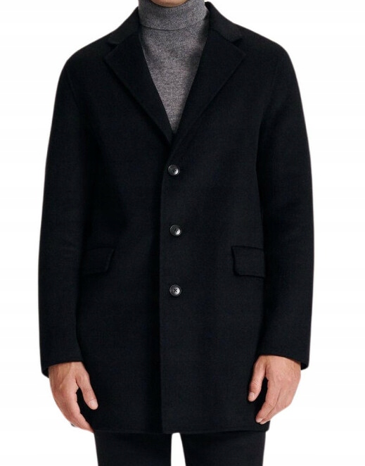 LC22209 Klasický Černý Pánský Kabát S Vlnou A Knoflíky Kapsy (3) XL