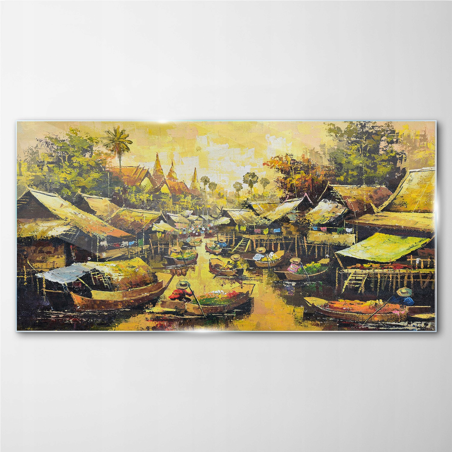 

Obraz szklany Łodzie wioska drzewa niebo 140x70 cm