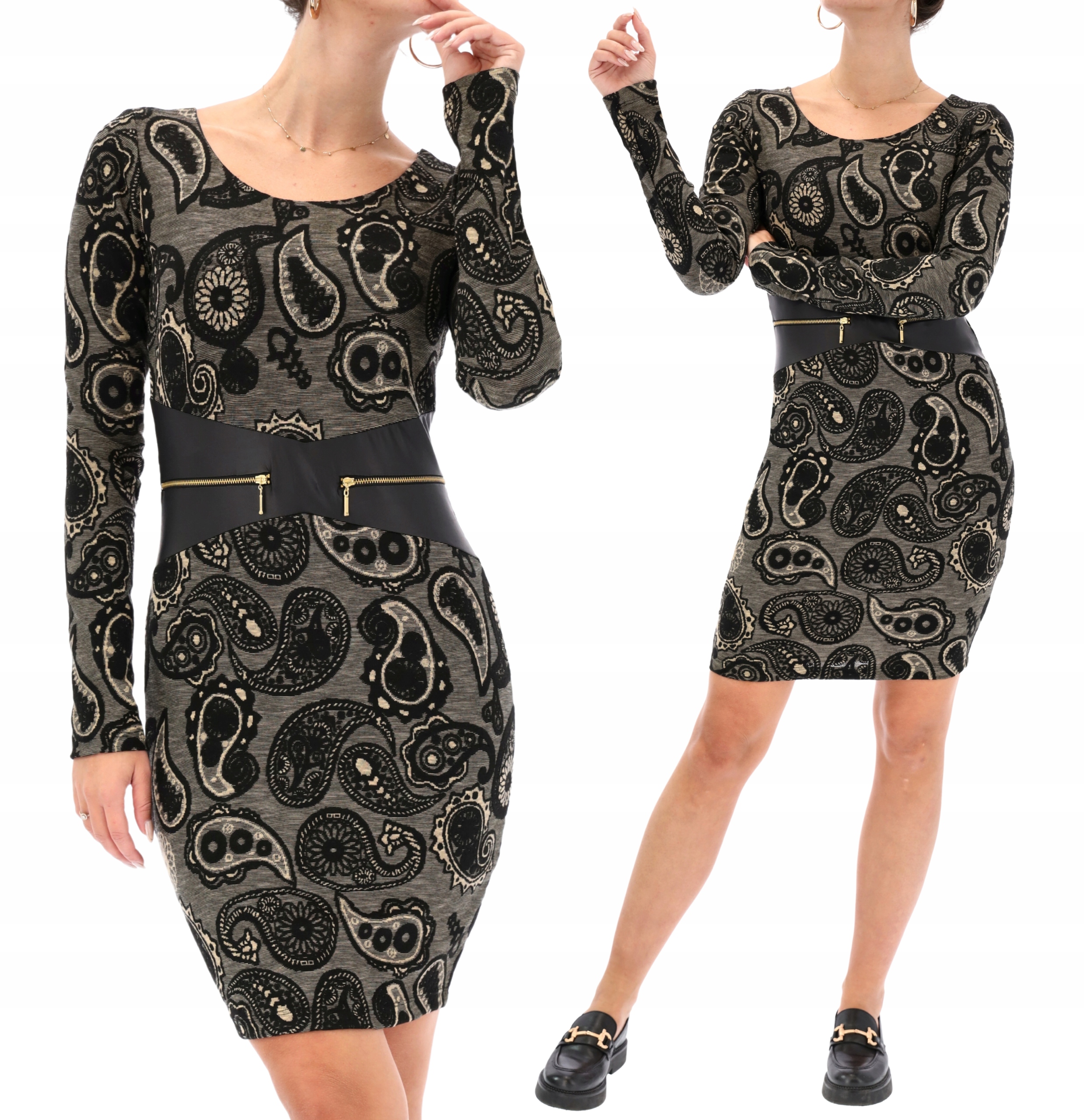 Béžová Elegantní Šaty S Prvkem Eko Kůže S Dlouhým Rukávem, Přiléhavá, Velikost M