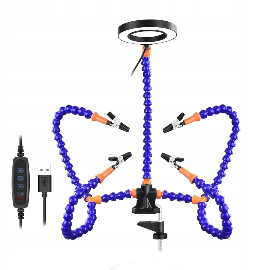 Uchwyt Do Lutowania Pomocnik Trzecia Ręka 5-RAMIENNY z Lupą Led Usb Pająk