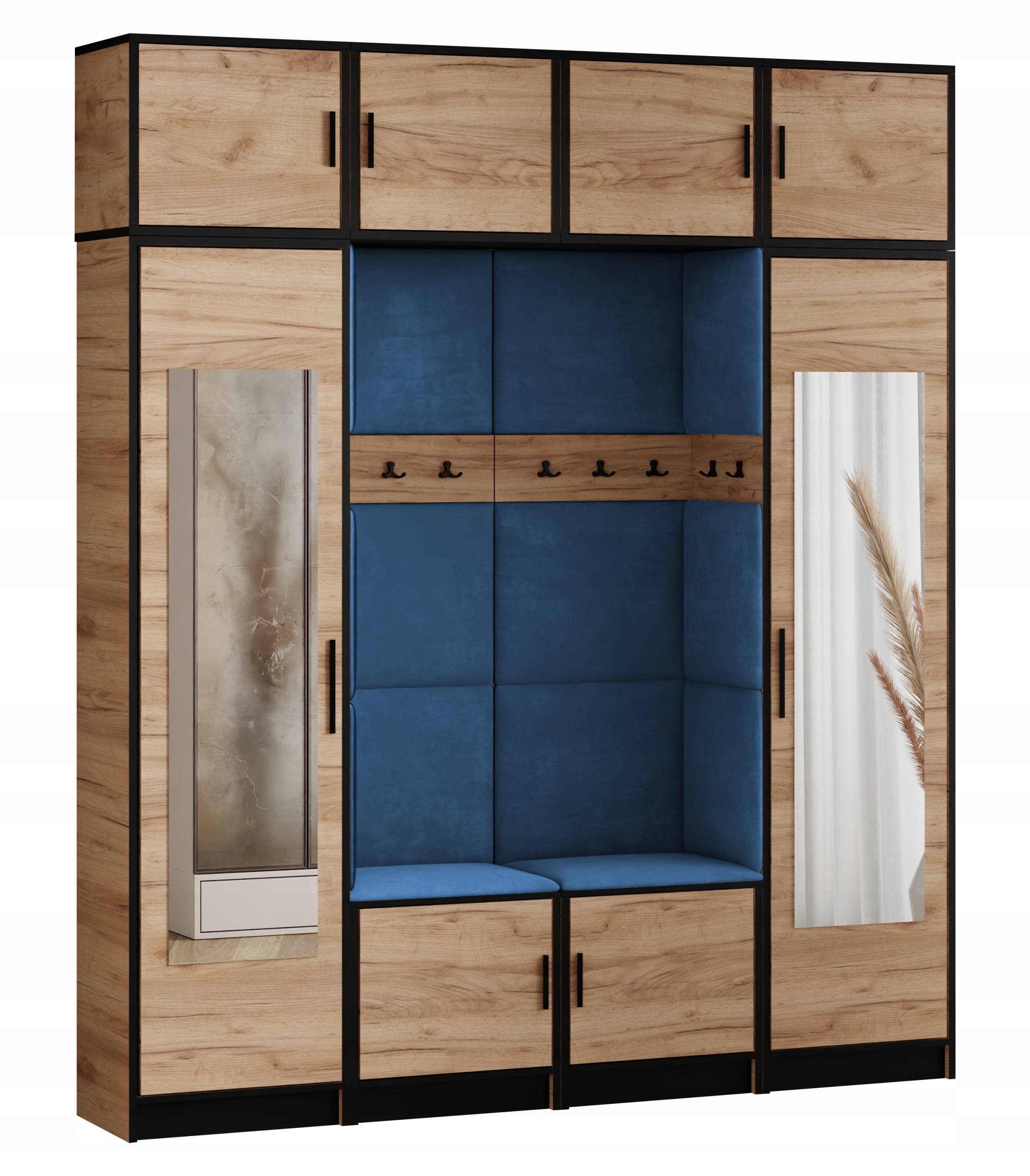 Šatní skříň s nástavcem Dior 18 dub craft zlatý modrá tkanina sedák