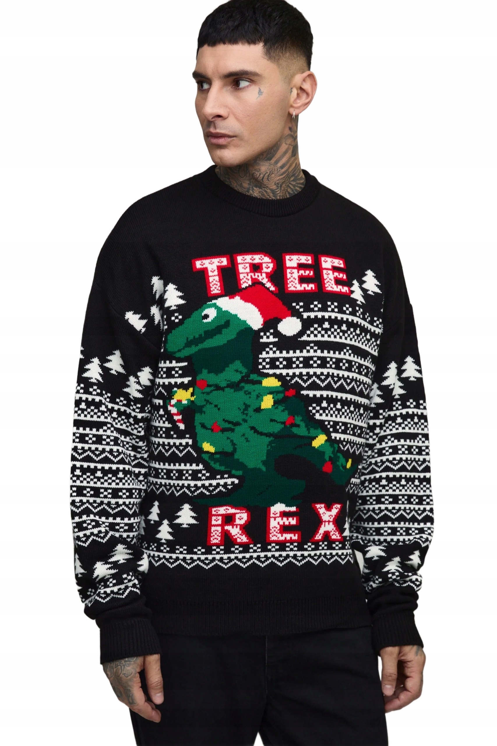 Boohooman Černý Pánský Vánoční Svetr S Potiskem Dinosaura XL Z3A