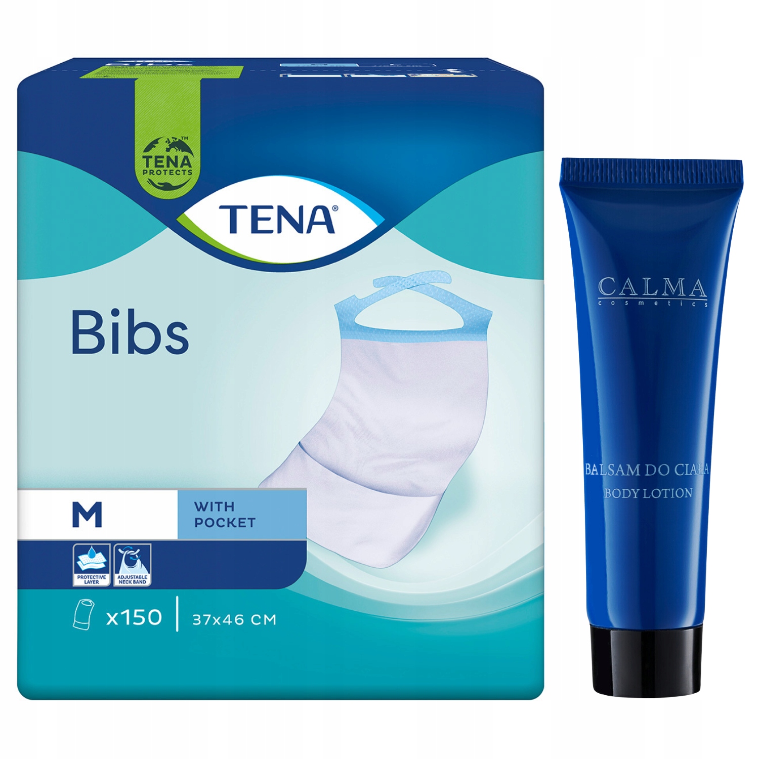 Zestaw Tena Bibs śliniaki wodoodporne dorosłych 37x46cm 150szt Balsam 30ml