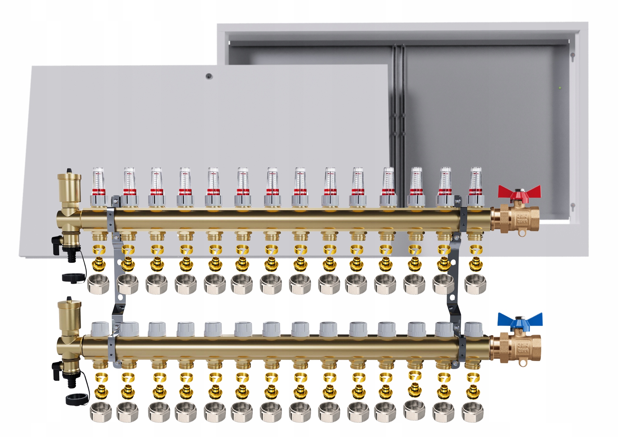 Rozdělovač mosazný podlahový 14 okruhů skříňka jednoduchý ventil Pex