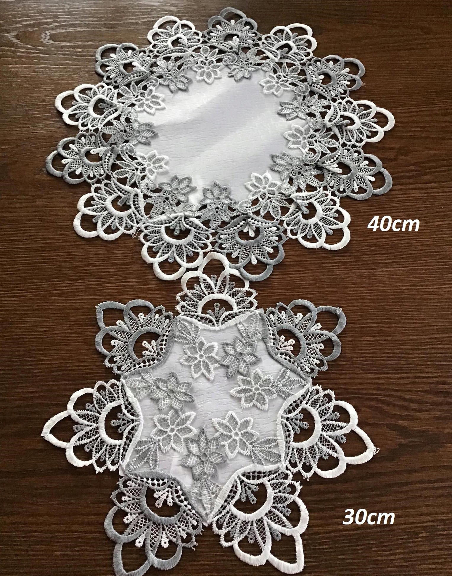 

Serwetka Okrągła Biała Obszyta Szarą Gipiurą 30cm