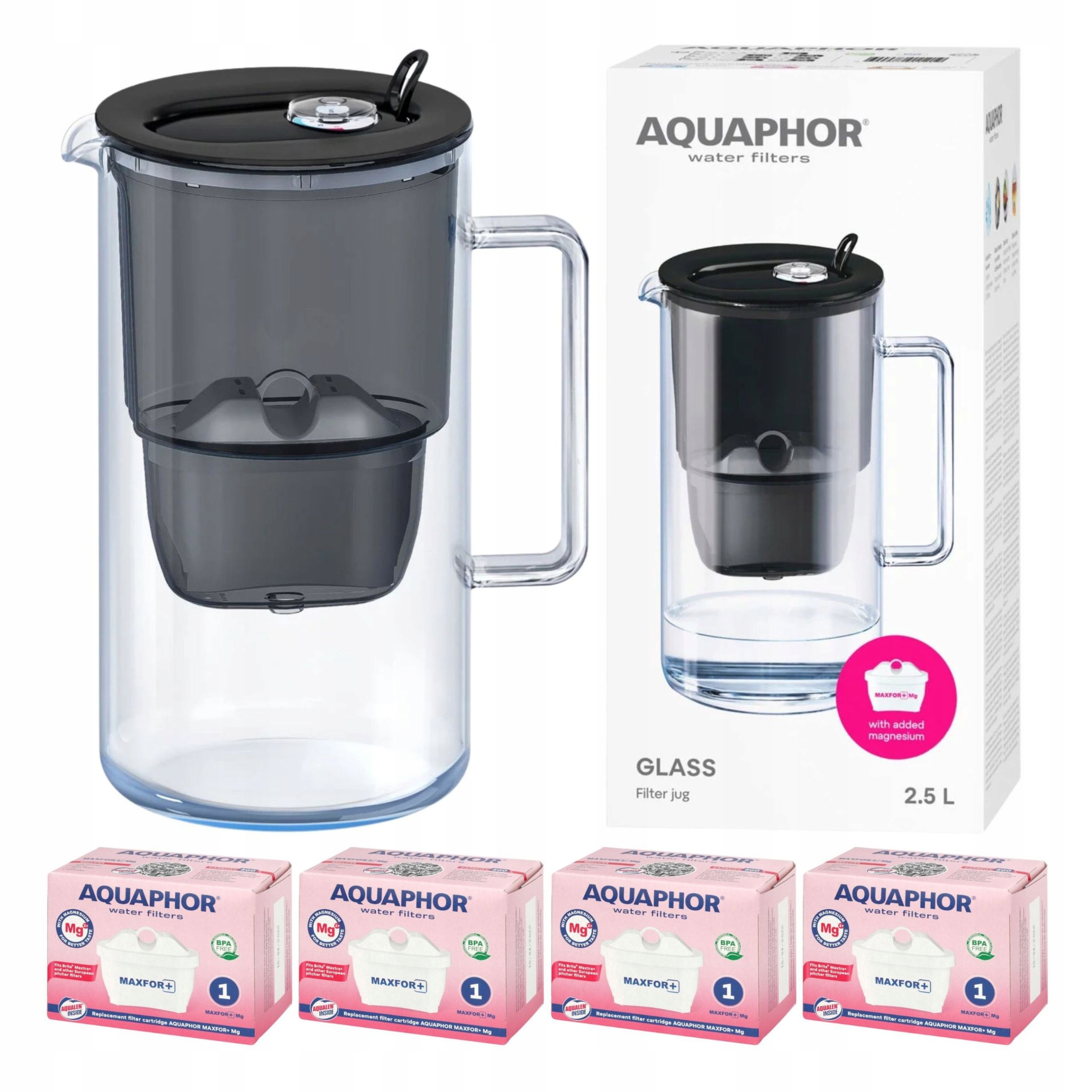 Skleněná filtrační konvice Aquaphor Glass černá 4 filtry Maxfor Mg