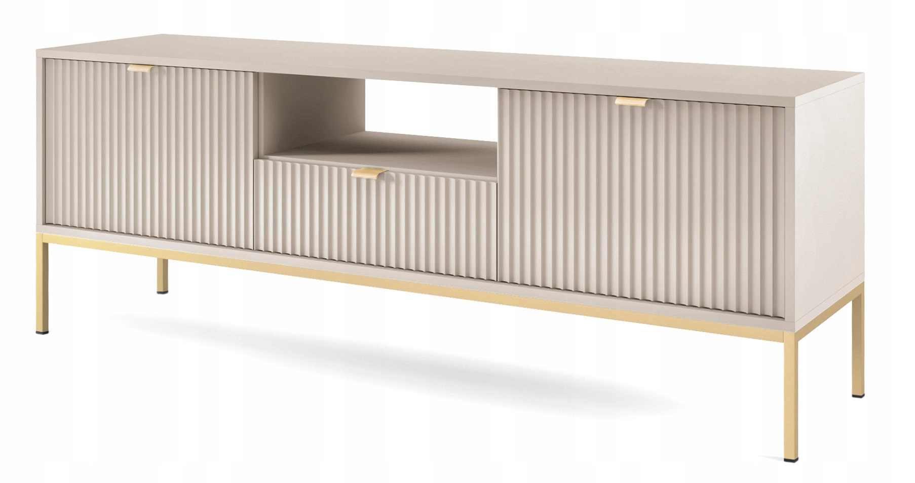 Rtv skříňka Vellore 154 cm kašmírová s rýhovanými čely a zlatým rámem