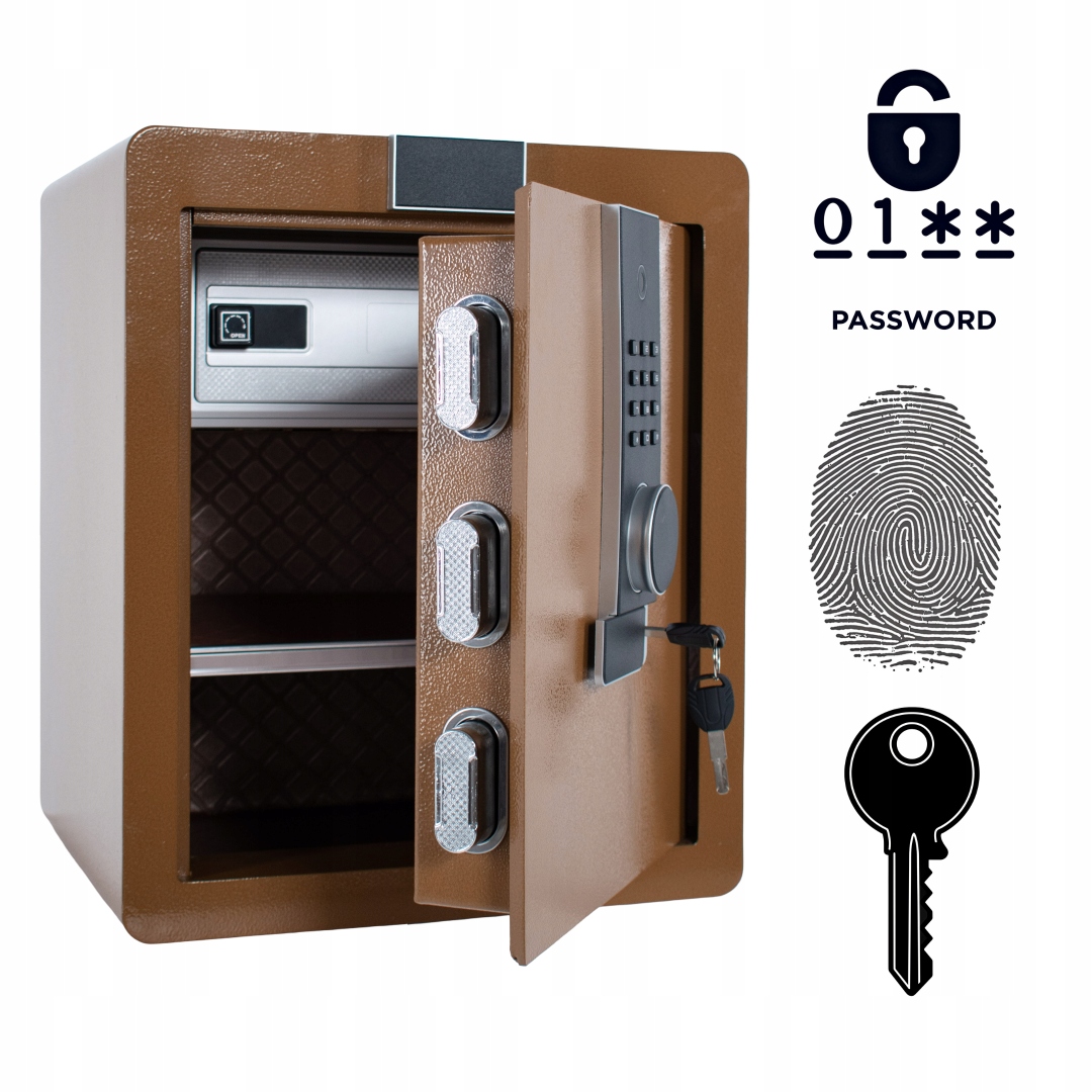 Pancerny Domowy Sejf Biometryczny Na Odcisk Palca 45x38x32 cm Brązowy