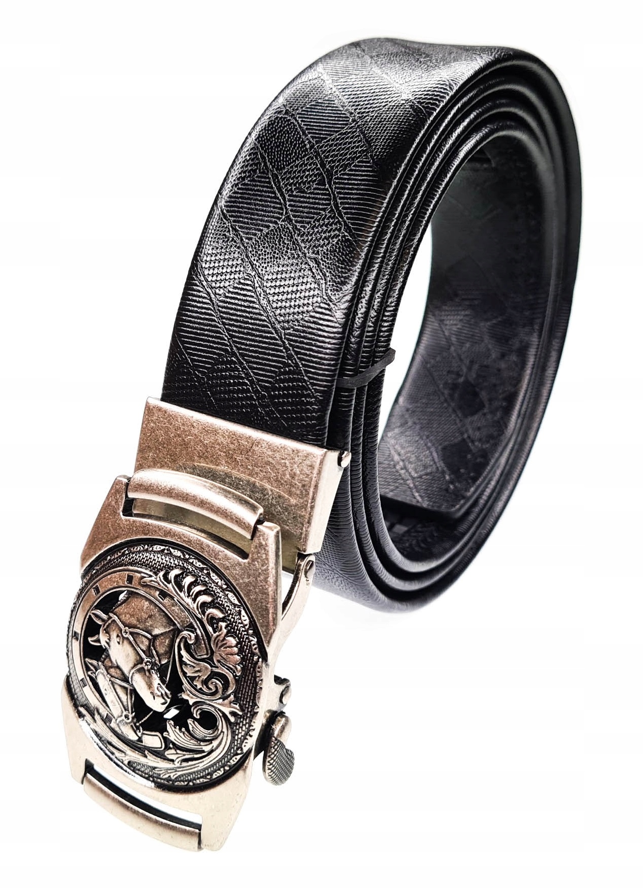 Luxusní Černý Pánský Kožený Opasek Automatický Stříbrný Kůň Koně 150 CM