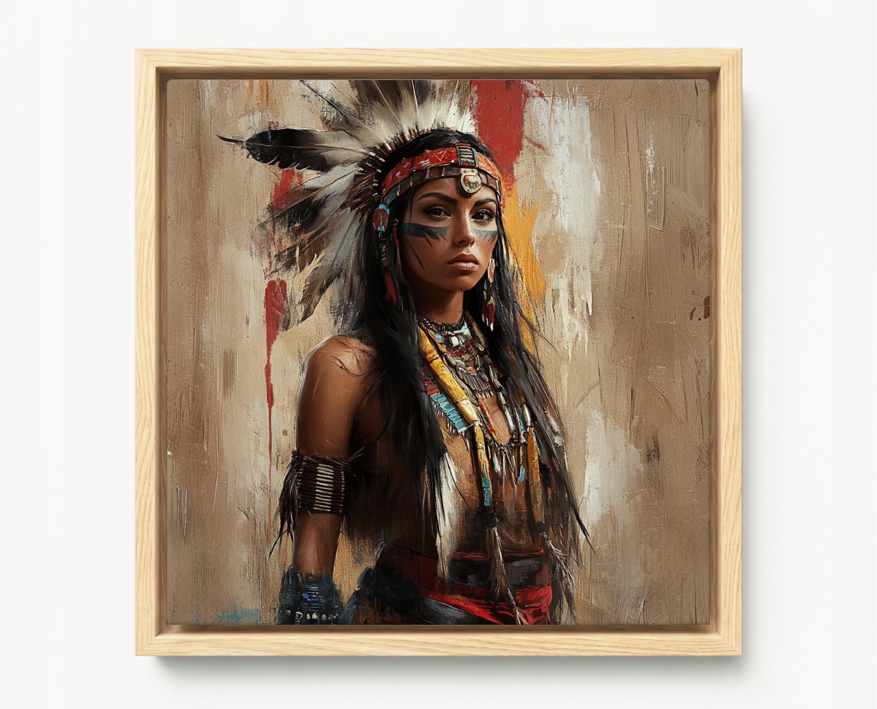Obraz Rám Americký Box Portrét Žena Indiánka Tribal Boho Etno 50x50