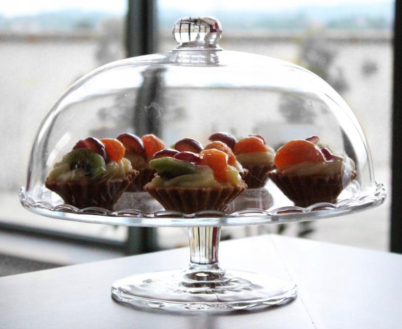 PATERA NA CIASTO TORT OWOCE SZKLANA Z KLOSZEM POKRYWĄ OKRĄGŁA 29cm NA NÓŻCE Marka Cook Line