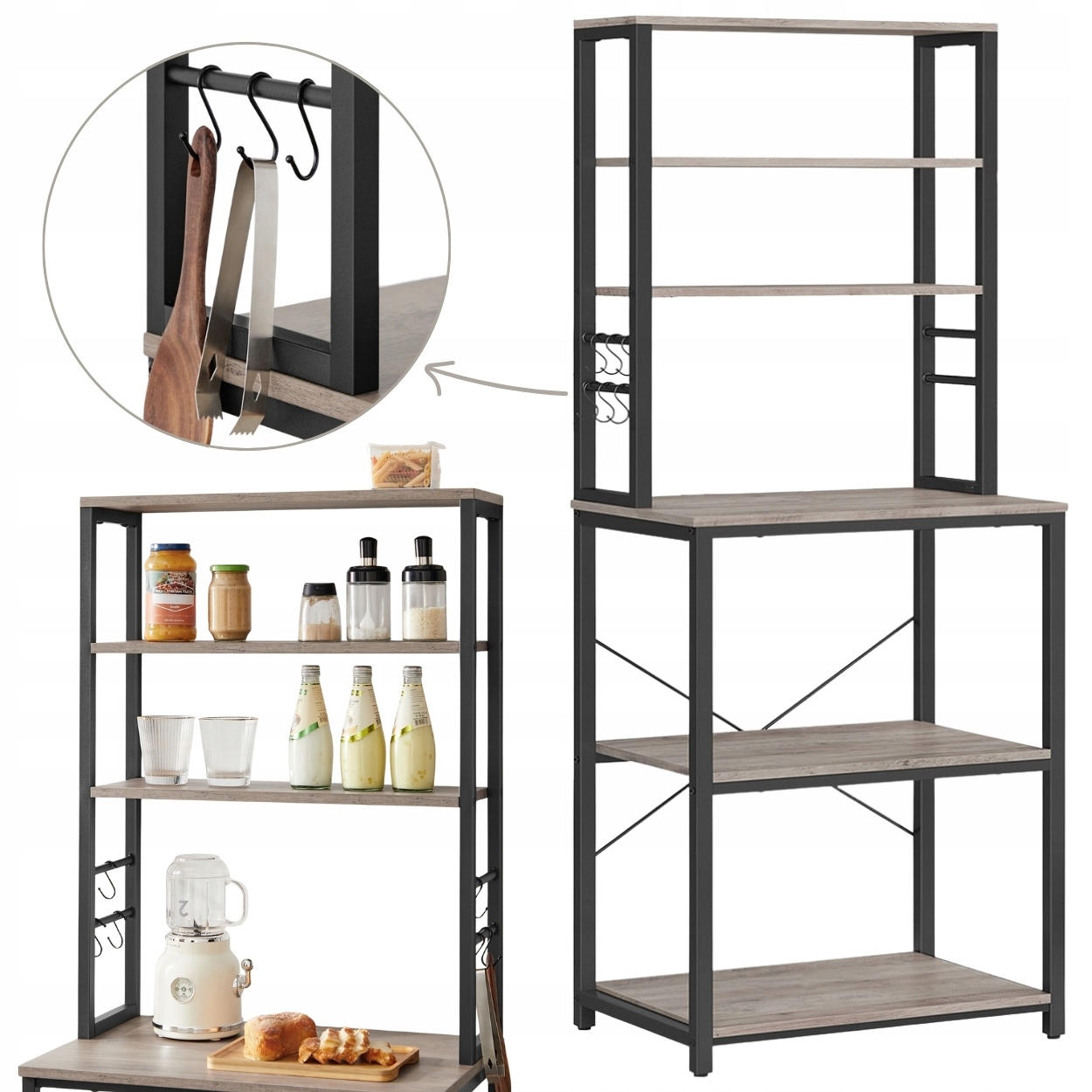 Šedý pevný regál, kuchynská skrinka, 6 odnímateľných háčikov a police, 167 cm