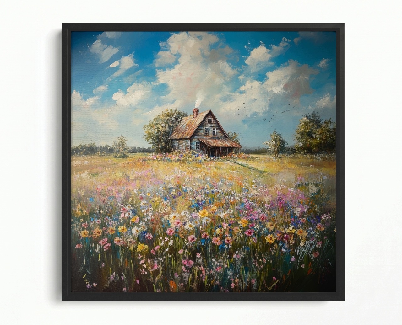 Obraz Rám Americký Box Krajina Vesnice Dům Chata Louka Květiny Jaro 60x60