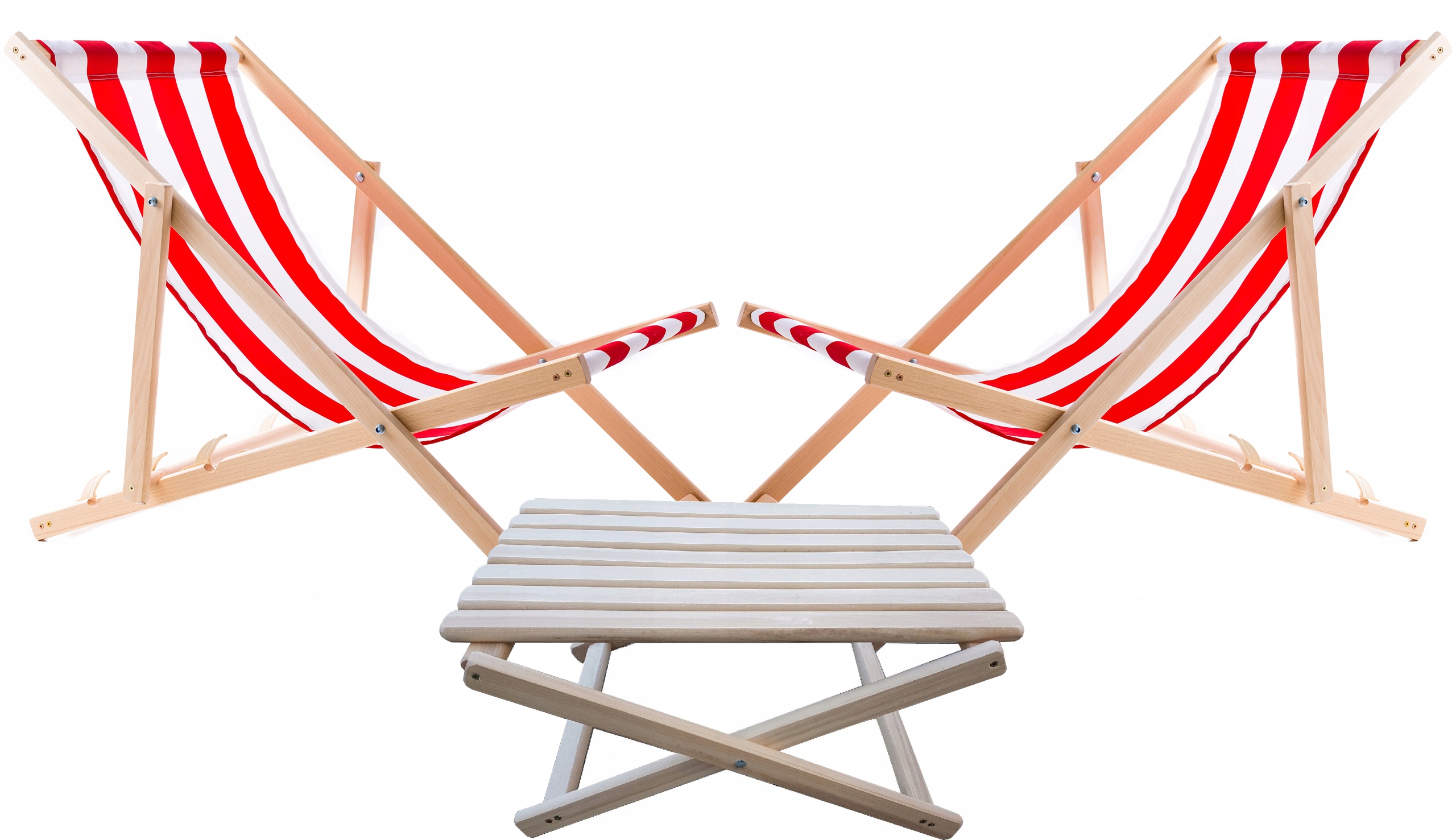 2X Ležadlo Záhradné Plážové Stoličky Woodok Červené Pruhy Konferenčný Stolík