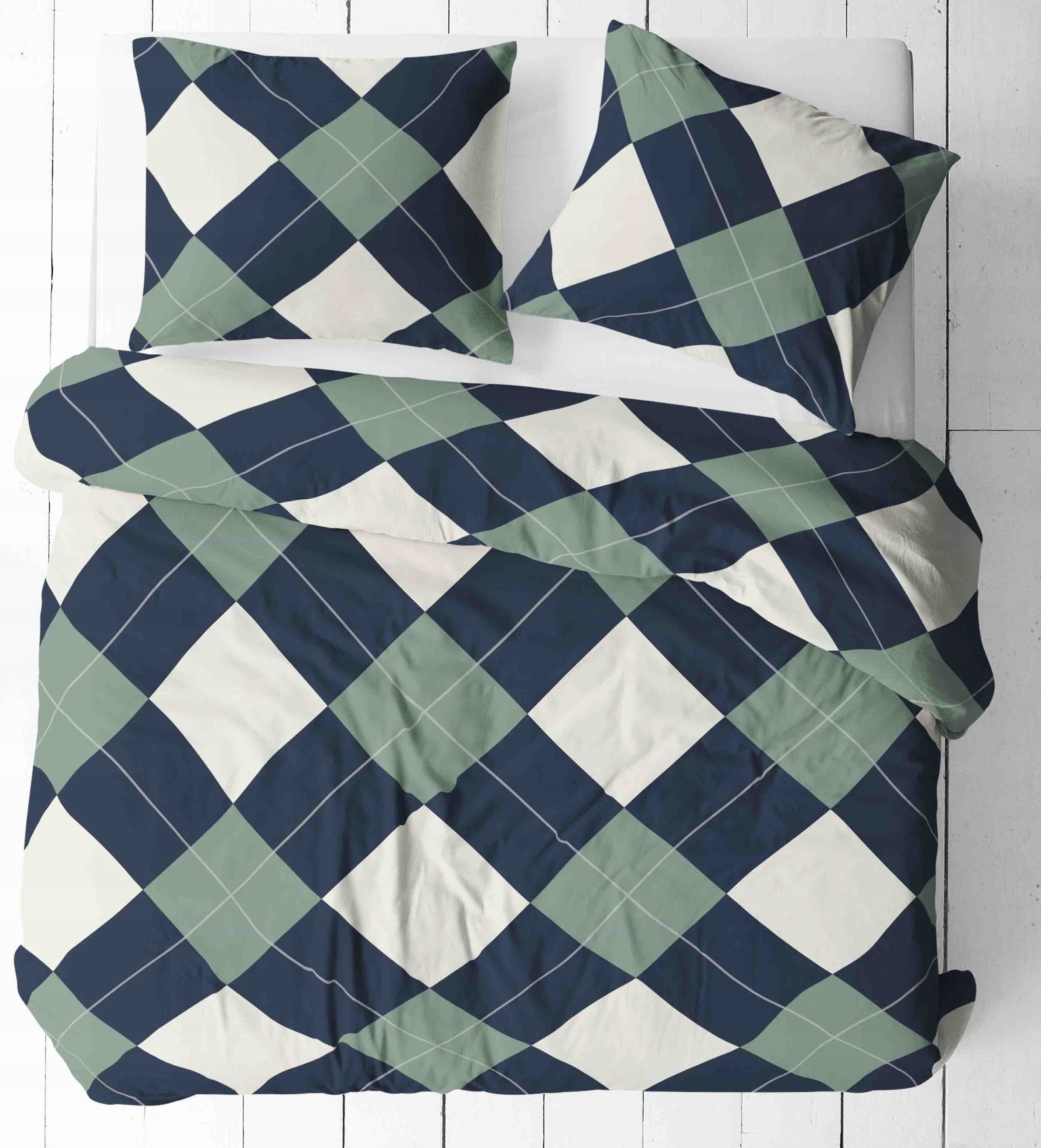 Pościel bawełniana 140x200 geometria, krata zielona, romby