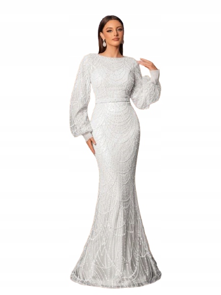 Shein Bílá Svatební Šaty S Dlouhým Rukávem A Zdobením Xs 1KE