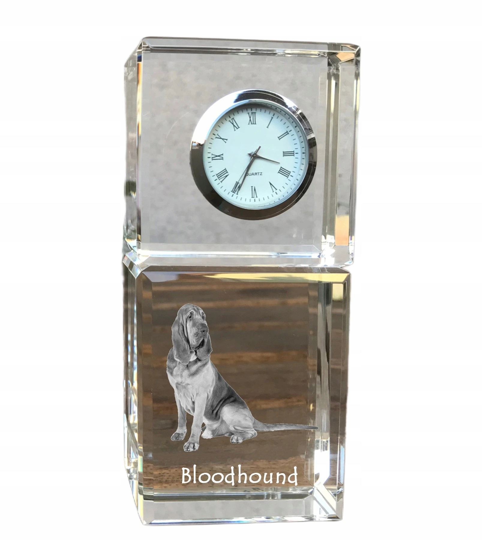 Bloodhound krištáľové stolové hodiny so psom, s vašou fotografiou, suvenír