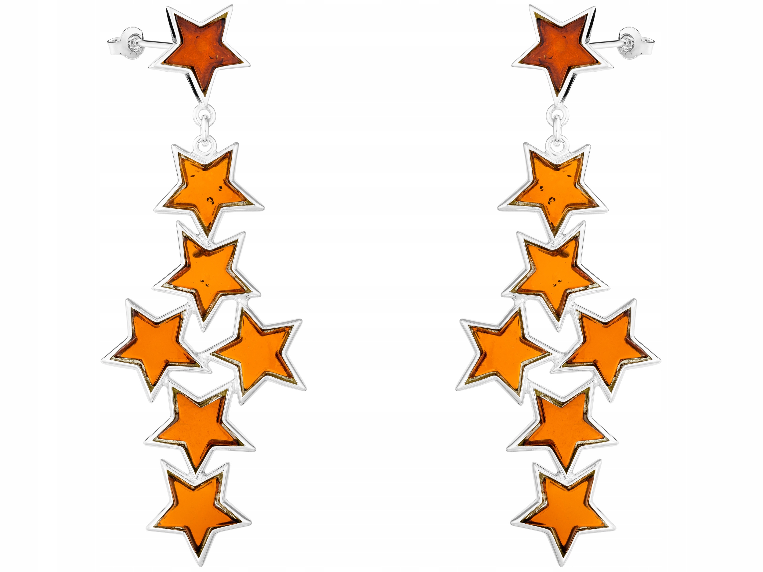 Stříbrné Náušnice Závěsné Dlouhé hvězdičky s jantarem Hvězdy Stříbro 925