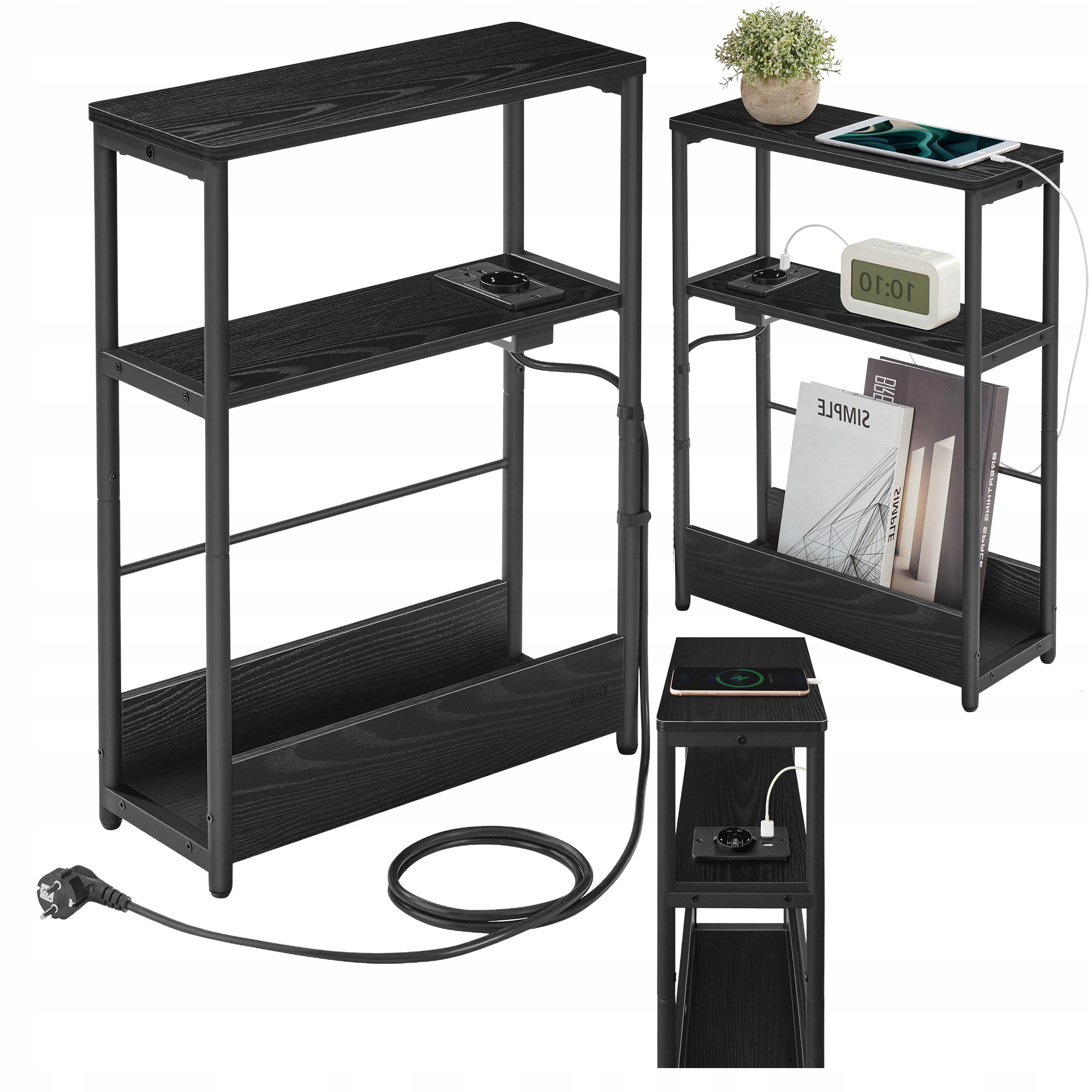 Úzká, užitečná černá noční stolek se 3 policemi s napájecí lištou a 2 m kabelem