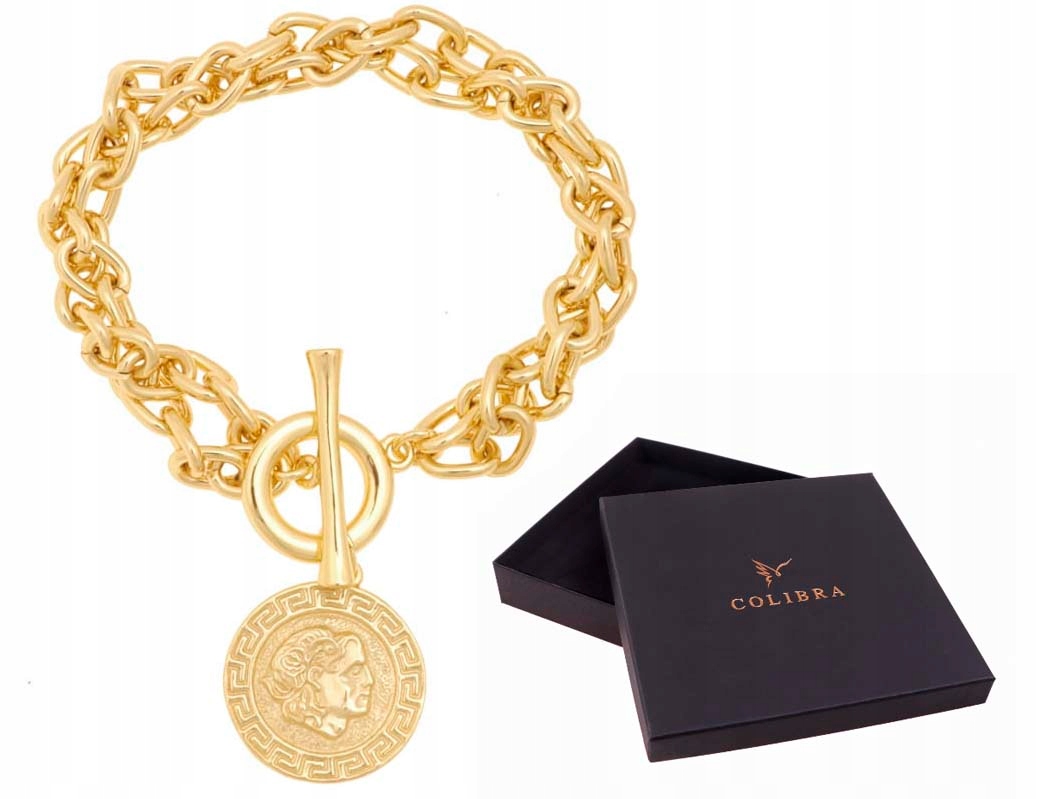 Zlatý náramek Dva řetězy s řeckou mincí Široká efektní Colibra