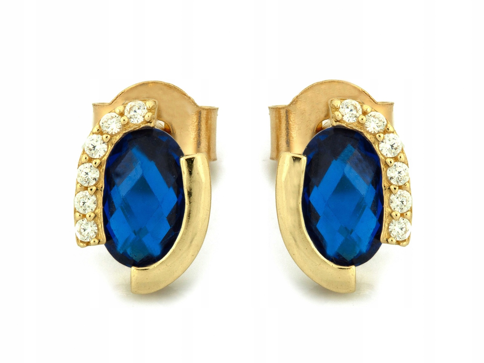 Náušnice zlaté 585 dámské na tyči s oválnou velkou modrou zirkonií