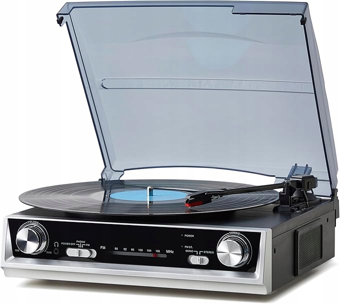 Klasyczny, wielofunkcyjny gramofon z wbudowanymi głośnikami, 3-biegowy