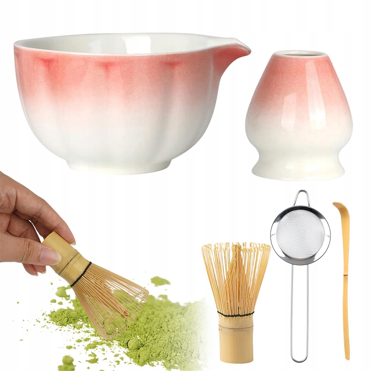 Sada příslušenství pro matcha 450 ml keramická se sítkem a lžící Růžová