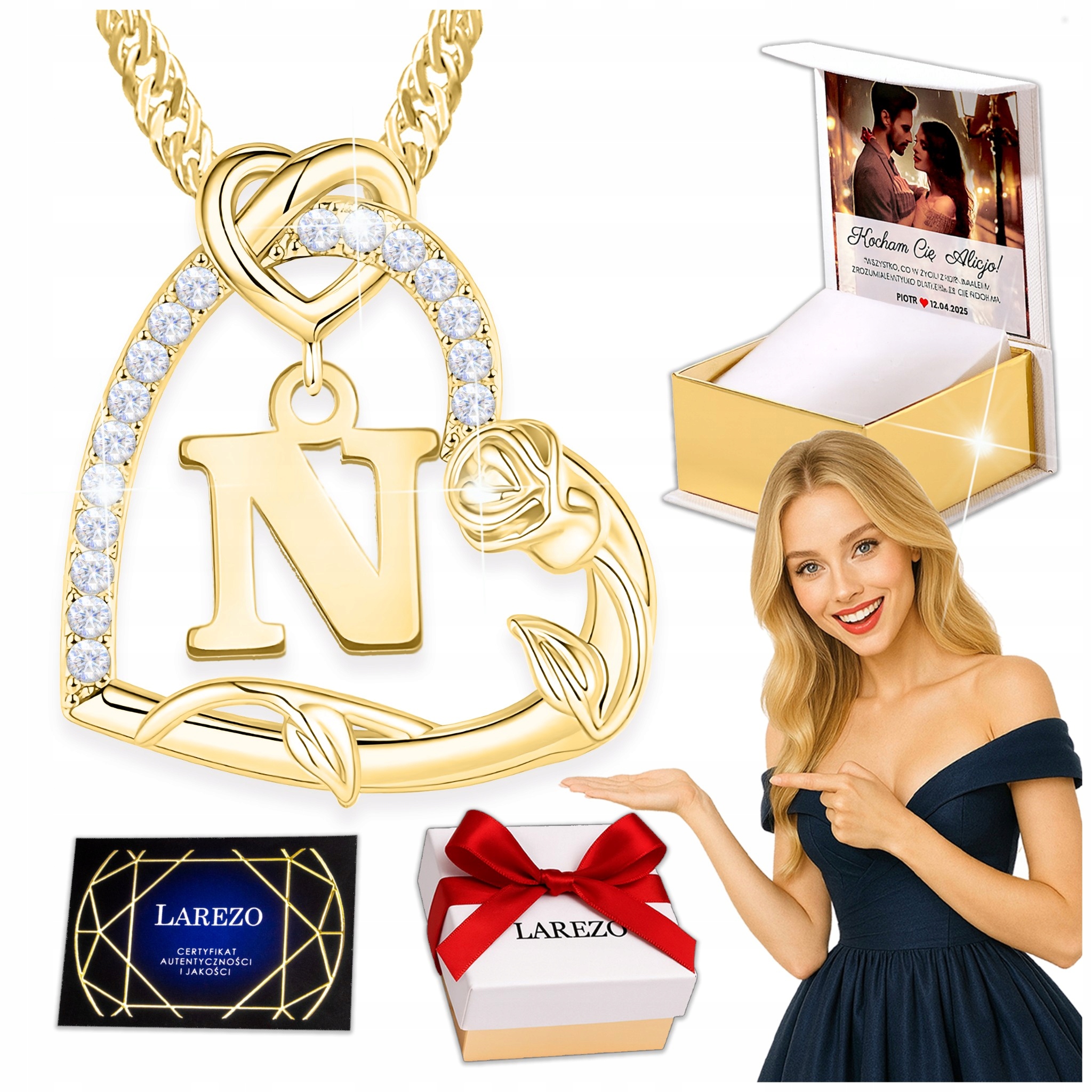 Zlatý náhrdelník 925 s písmenem Písmeno N Srdíčko s květem růže Potisk