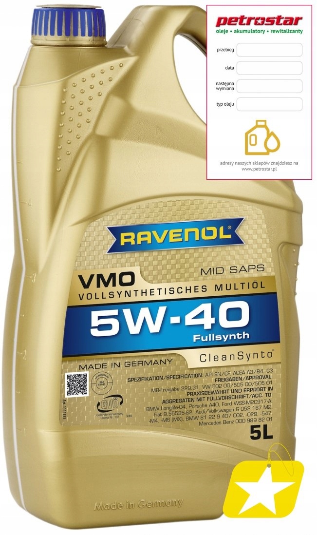 Ravenol Vmo 5W40 Cleansynto Sn/cf C3 505.01 5L