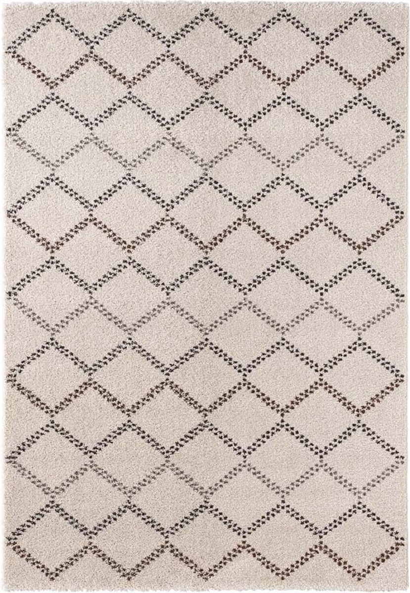 Krémovo béžový hrubý koberec shaggy, koberec do obývačky, boho vzor 160 x 230 cm