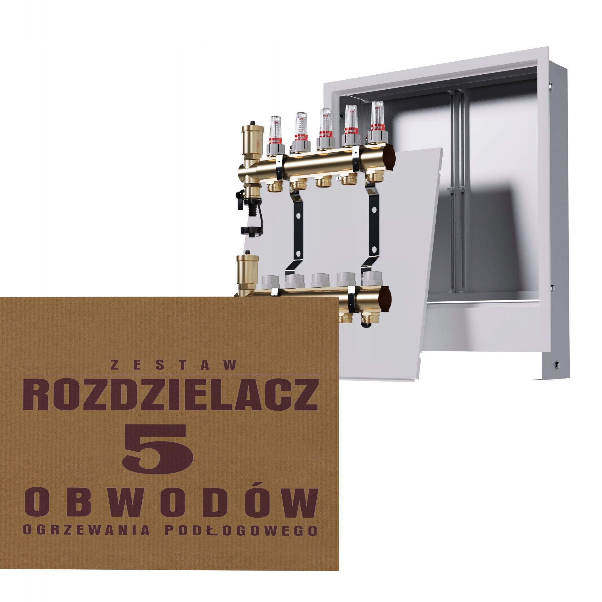 Rozdělovač do podlahy mosazný 5-okruhový a podomítkový box, bílý